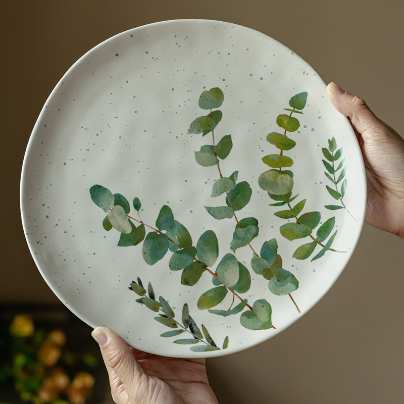 Retro pintado a mano hoja verde platos de cerámica domésticos de 10 pulgadas platos de cubierta platos de platos al por mayor platos de comedor