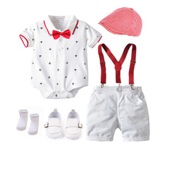Baby boy gentleman suit, boy tie tie print climbing suit, cross-border summer handsome one-year-old bib pants, new top