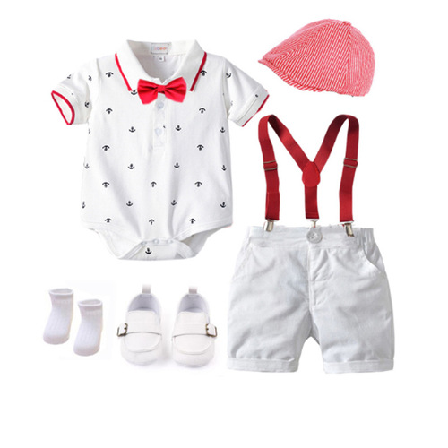 Baby boy gentleman suit, boy tie tie print climbing suit, cross-border summer handsome one-year-old bib pants, new top