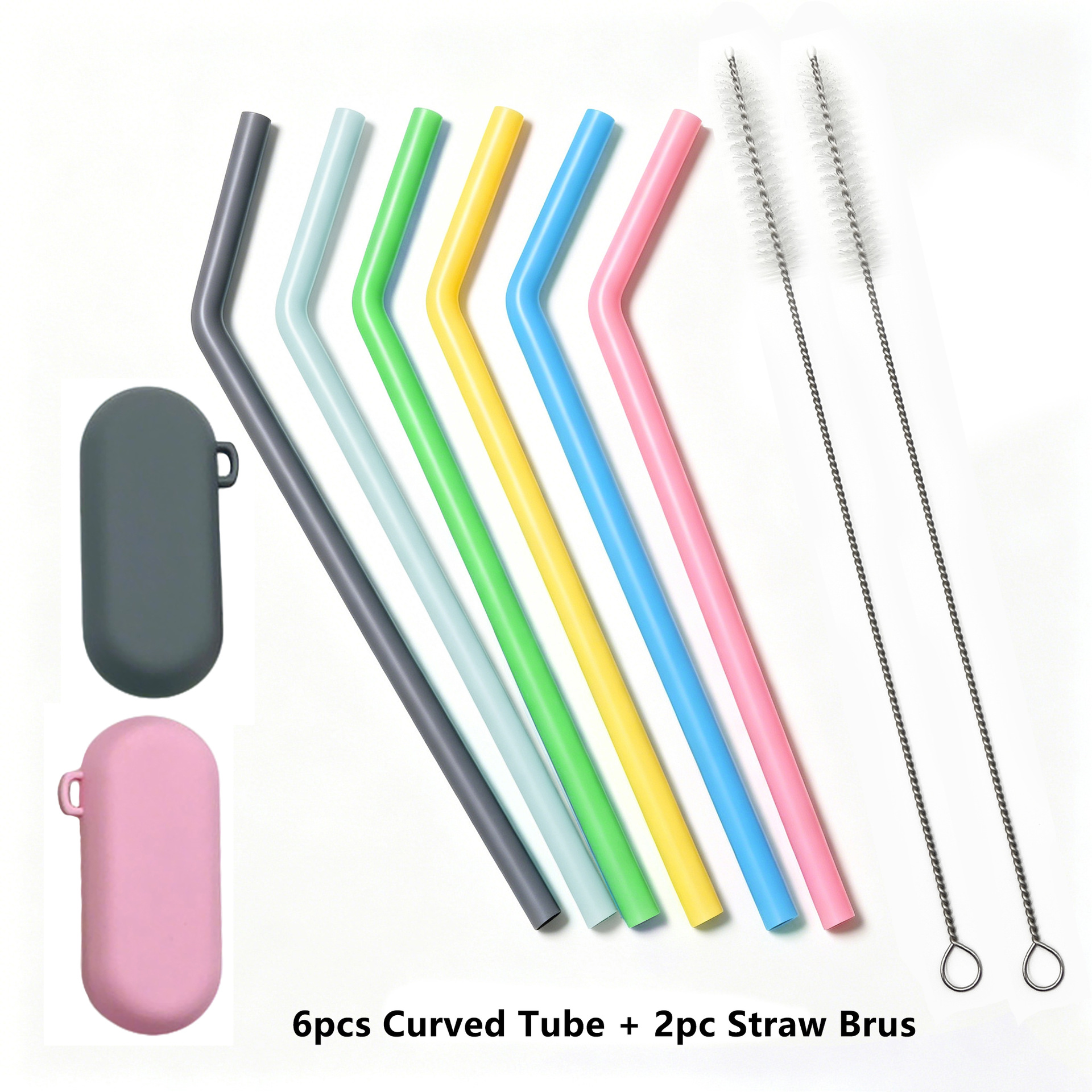Biodegradable and Reusable High-Temperature Silicone Drinking Straw Cleaning Brush Storage Bag, Available in Curved or Straight Tubes