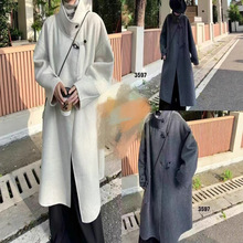 秋冬宽松长款双面羊毛大衣女韩版立领挎包款毛呢外套时尚百搭厂家