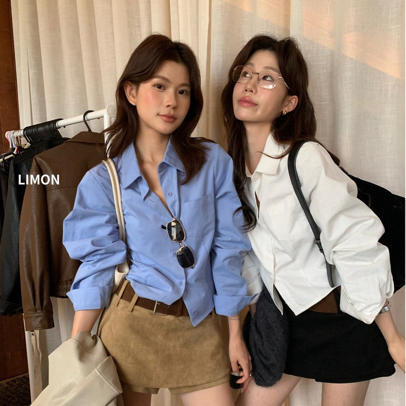 Lemon green tea autumn collection, Korean-style simple, brushed fabric, versatile, slimming, casual short-sleeved shirt with a mandarin collar, 11372 Lemon green tea autumn collection, Korean-style simple, brushed fabric, versatile, slimming, casual short-sleeved shirt with a mandarin collar, 11372