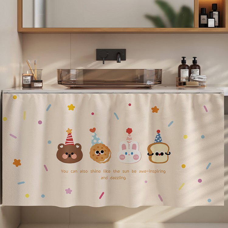 Cartoon Bathroom Cabinet Curtain, Punch-Free Sliding Rail Curtain, Utility Cabinet, Washbasin Water-Blocking Curtain