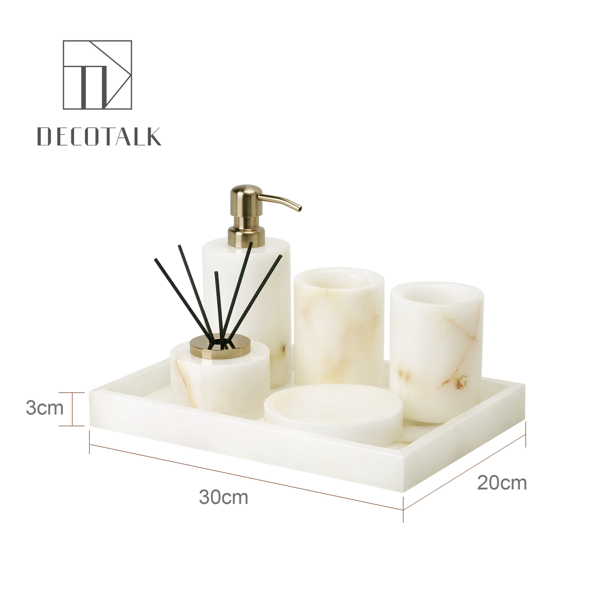 DecoTalk, lujo ligero, estilo antiguo, jade blanco, mármol natural, kit de lavado de baño, bandeja de caja de pañuelos de aromaterapia