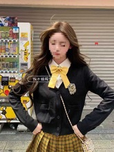 原创日式制服甜美学院风东京女大开衫短毛衣向日葵格裙叠穿套装