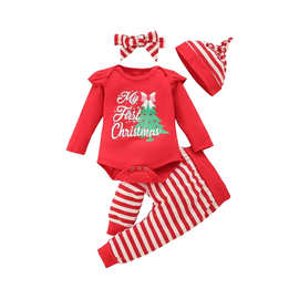 圣诞婴儿服欧美童套装 长袖红色条纹包屁衣圣诞树蝴蝶结四件套