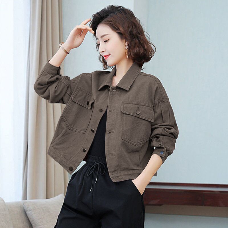 Burgundy Short Denim Jacket for Women, Petite Loose Fit, Korean Style Workwear Jacket, European Style, Spring and Autumn 2026 New Model