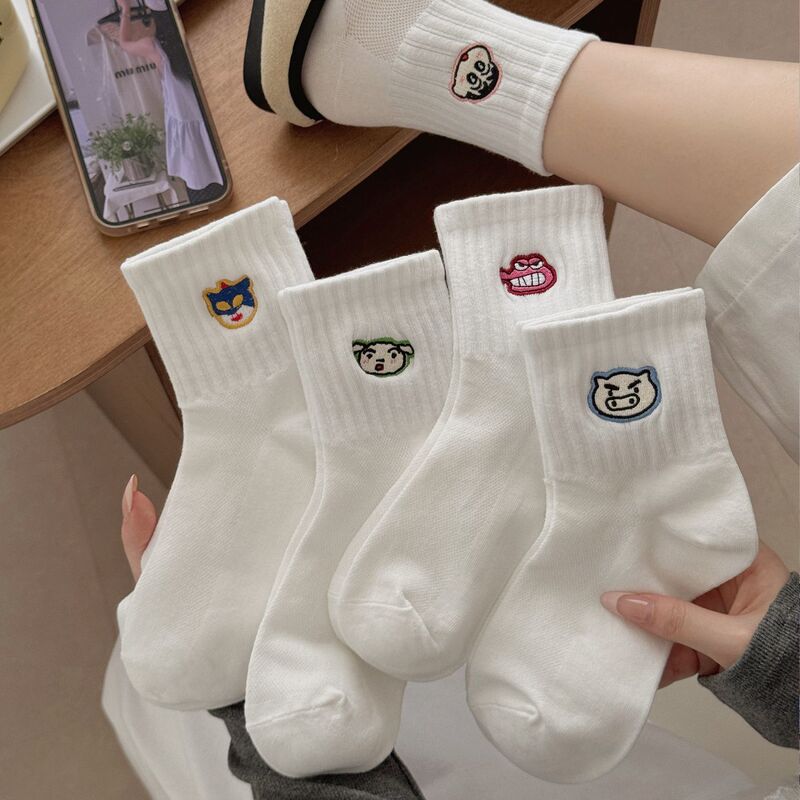 Summer Jacquard Cartoon Socks for Women, Mid-Calf Student Sneakers, Sports White Sweat-Absorbent Versatile Socks