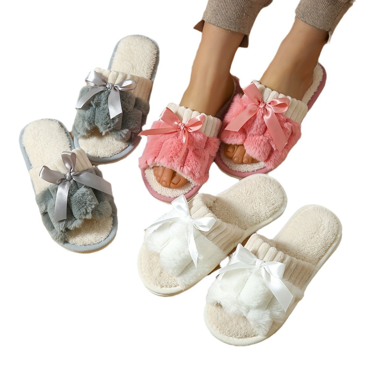 Arco de peluche zapatillas de algodón interior zapatillas de mujer nuevas zapatillas de algodón exterior pequeñas zapatillas de lana cómodas