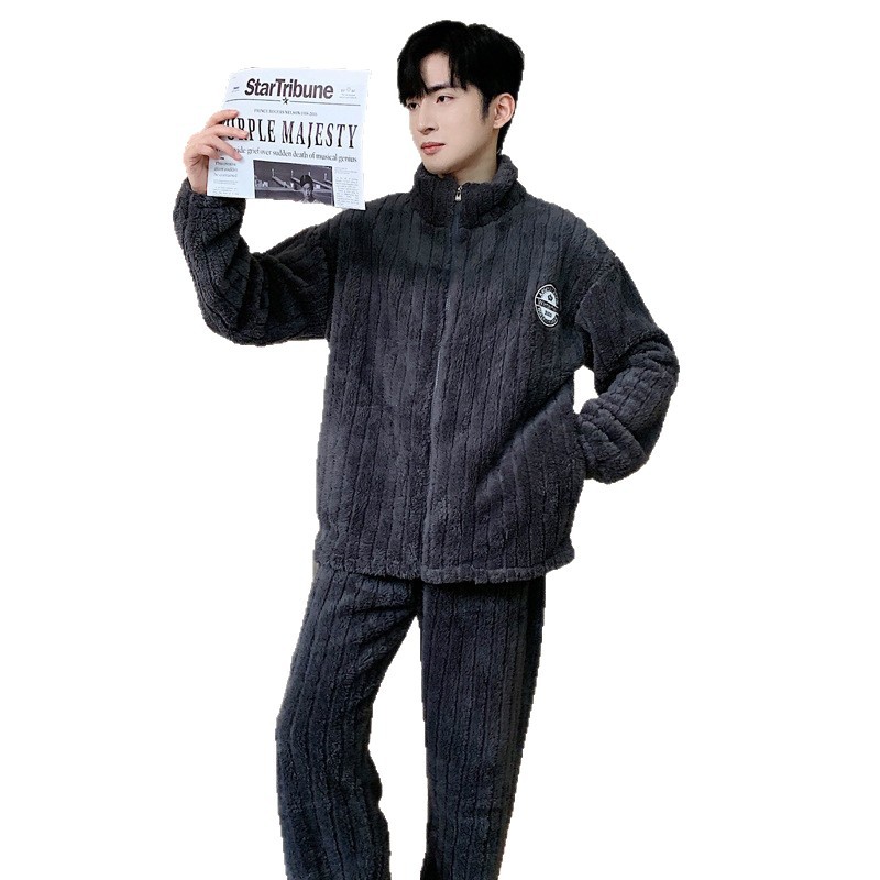 Invierno nuevo pijama de terciopelo de coral para hombres jacquard coreano casual simple con cremallera set de ropa de casero comercio exterior al por mayor