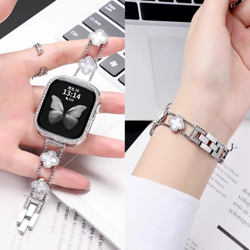 Подходит для Apple Applewatch, металлический ремешок для часов, четырехлистный клевер, перламутровый бриллиант, небольшой аромат, ремешок для часов iwatch10