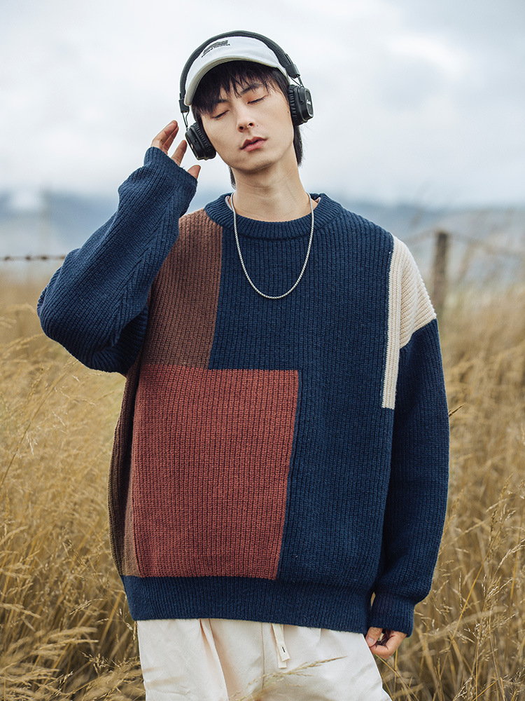Suéter de punto con diseño de bloques de color y patchwork, estilo nuevo de otoño e invierno 2024, textura de punto grueso, suéter con cuello redondo, chaqueta q