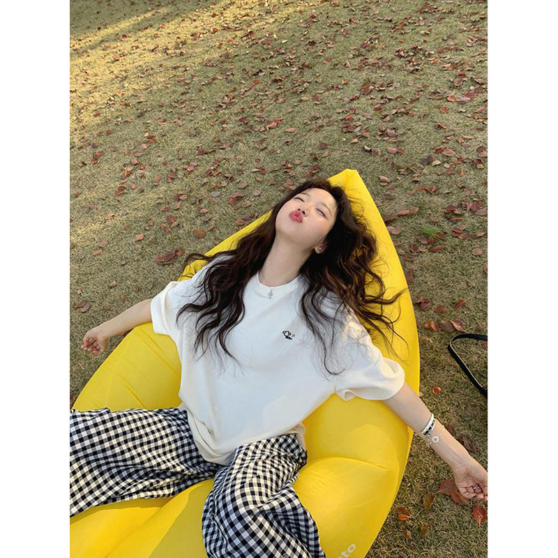 3336 #   Zhang Beibei Ibell Air Layer Soft and Cute Puppy Embroider Age-Reducing Contrasting Color Round Neck Short-Sleeved T-Shirt