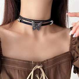 暗黑蝴蝶朋克摇滚少女多层皮质choker项圈项链日系涩谷复古
