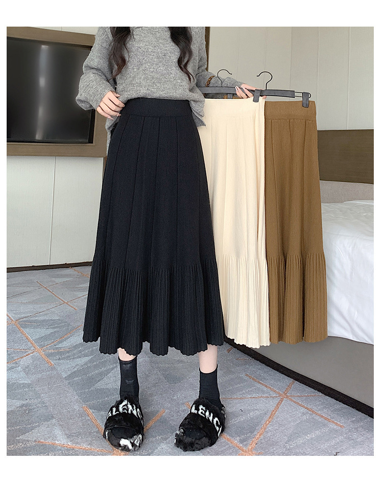 Pleated Knitted Skirt Women'S Autumn And Winter New Fashion High Waist Korean Version Casual And Thin Big Swing Skirt A-Shaped Skirt Umbrella Skirt 30 Undefined
