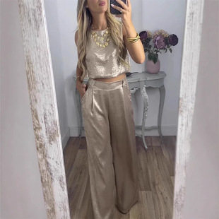 Vest, trousers, golden set, Amazon, European style, high waist