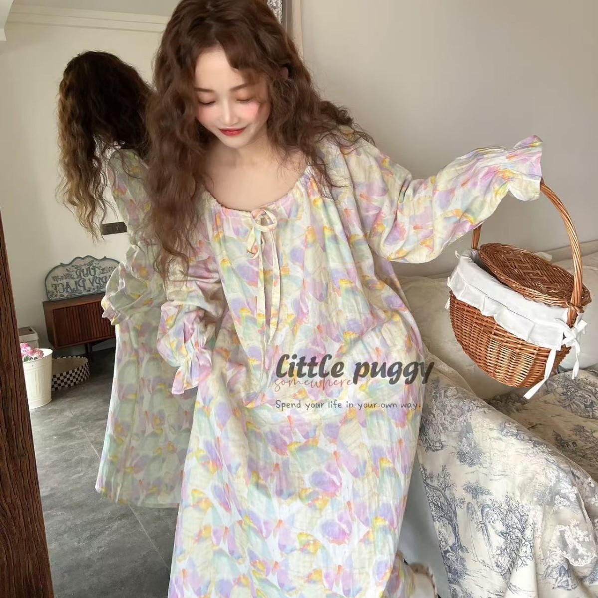 작은 퍼기 더블 코튼 로맨틱 나비 나이트 가운 클래스 거즈 파자마 레이스 긴 홈 스커트