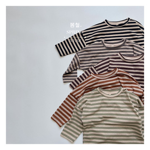 Kaji Color Series ~ South Korea Children's Wear Classic Striped Pure Cotton Long Sleeve T-Shirt Trendy Long Sleeve Base Shirt for Boys and Girls