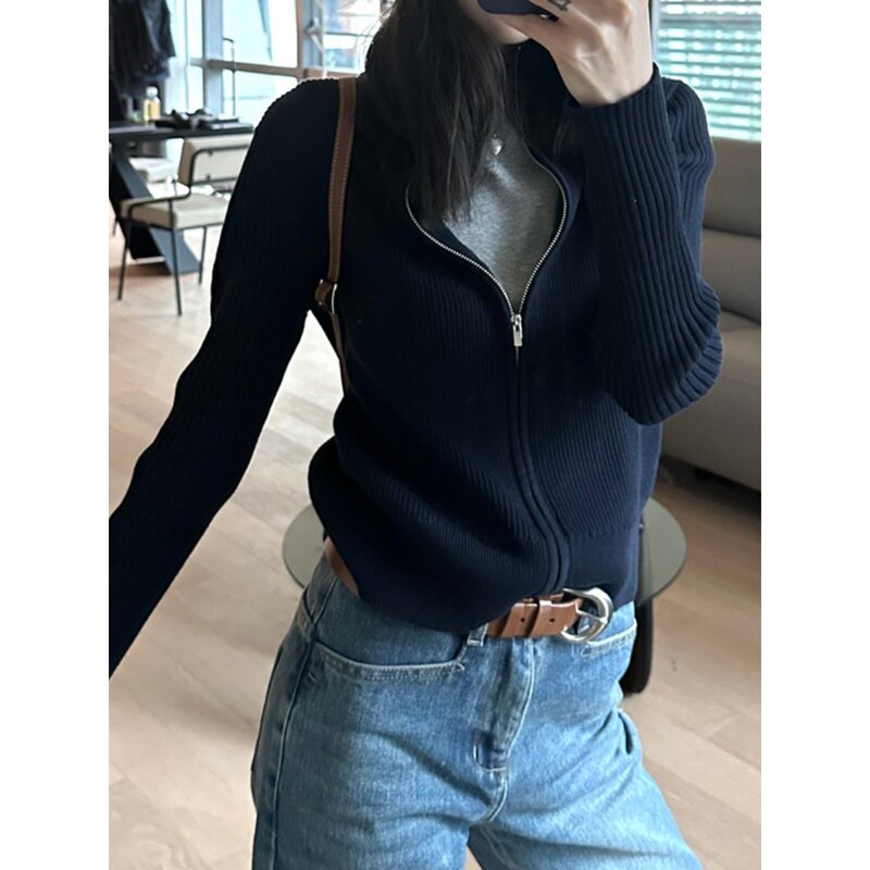 Simple Commuting Style Stand Collar Zipper Knit Cardigan for Women, Spring, Autumn, Winter, Ribbed Long Sleeve Slim Fit Casual Korean Style Top Simple Commuting Style Stand Collar Zipper Knit Cardigan for Women, Spring, Autumn, Winter, Ribbed Long Sleeve Slim Fit Casual Korean Style Top
