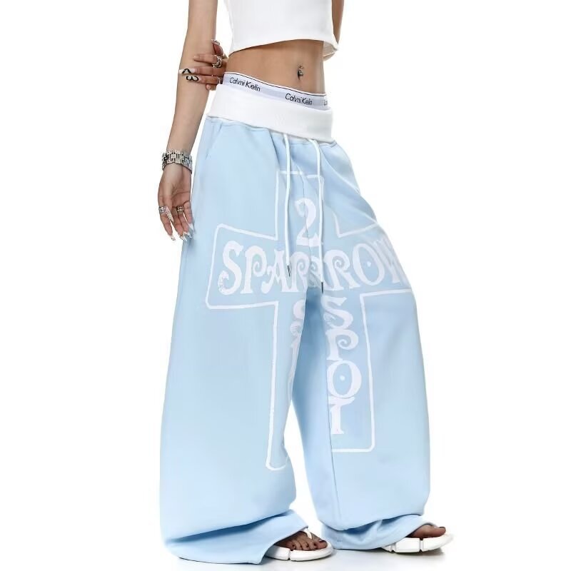 Pure cotton and Chinese cotton composite milk silk pants, printed distressed jeans, new design, niche, slimming straight-leg pants Pure cotton and Chinese cotton composite milk silk pants, printed distressed jeans, new design, niche, slimming straight-leg pants