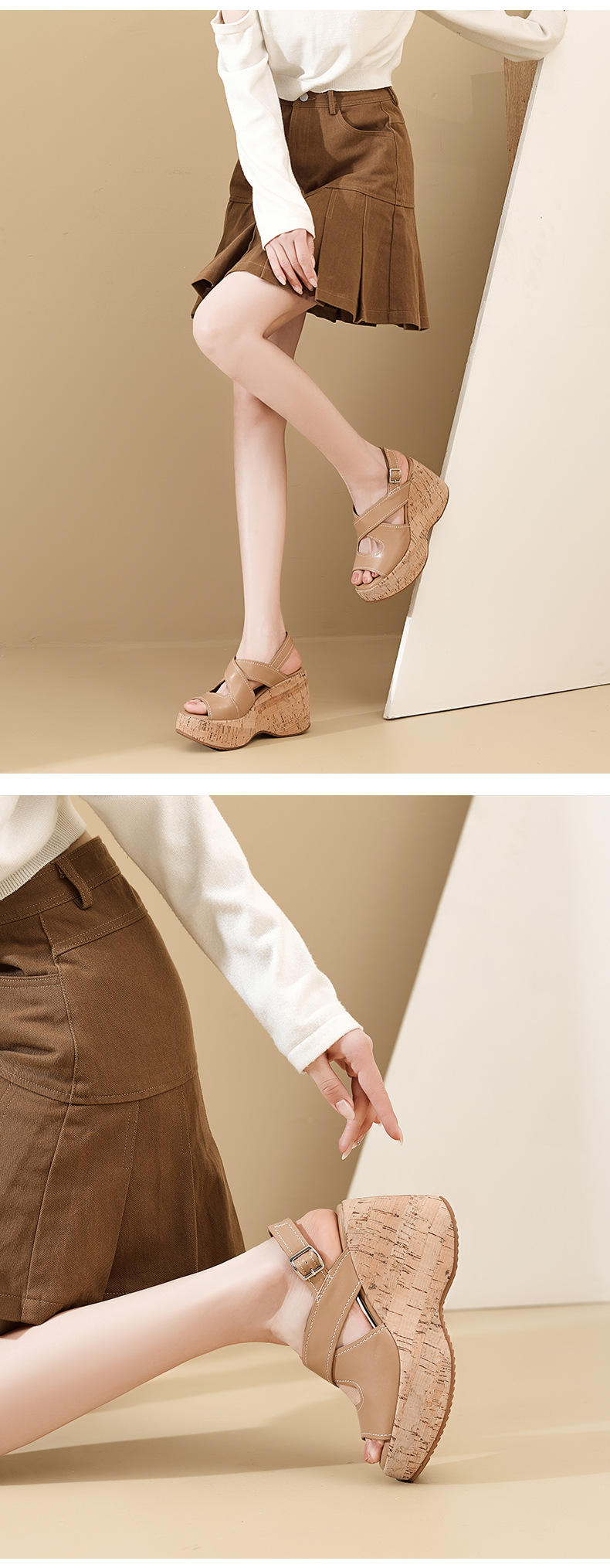 Sandal cao gót nữ hở mũi đế xuồng platform da bò thật quai chéo kiểu La Mã — màu đen, màu nâu nhạt chi tiết 6