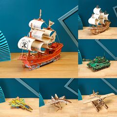 兒童手工拼裝戰鬥機轟炸機模型擺件 戰艦帆船木製3D立體拼圖玩具