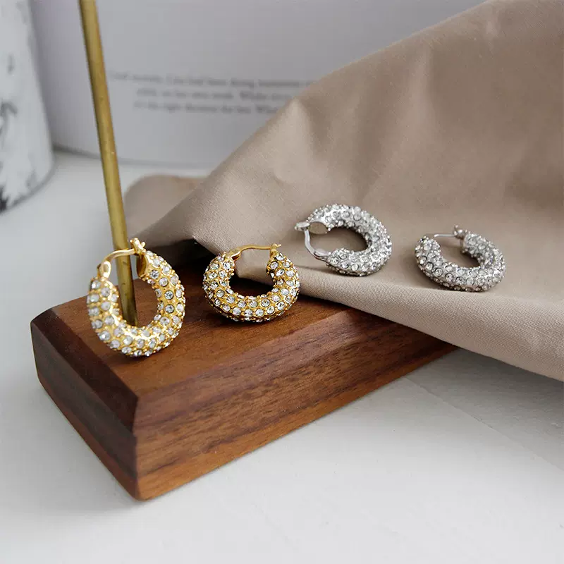 EFT325玻璃都市法式复古镶嵌锆石耳饰气质高级感满钻圆圈耳环耳扣