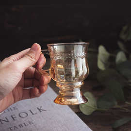 复中古浮雕玻璃杯北欧咖啡小号杯茶杯水喝牛奶把手韩国风格