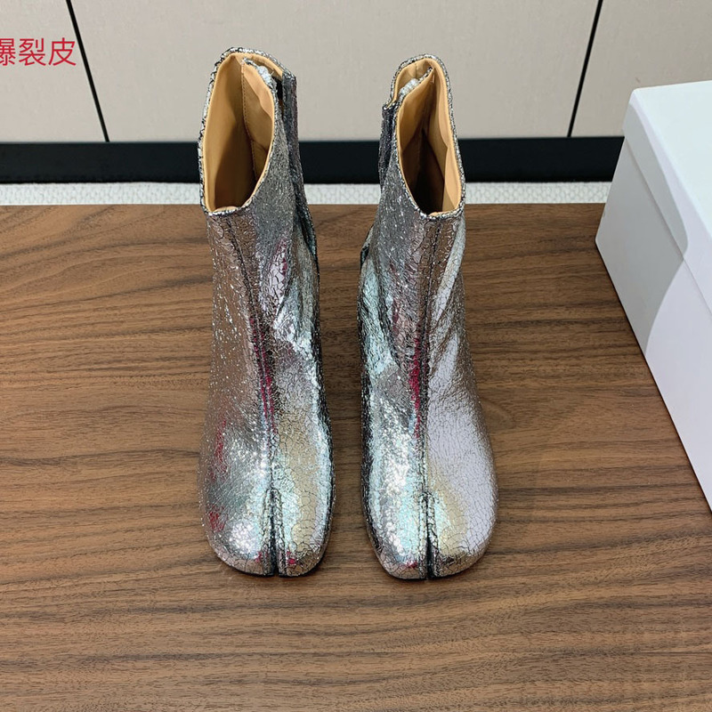 M6爆裂纹银色tabi分趾靴女6cm冬猪蹄真皮高跟短靴马蹄靴粗跟短靴|undefined