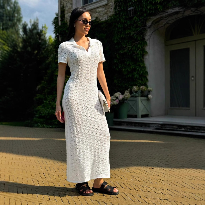 European and American Cross-Border New Short-Sleeved Shirt, Maxi Skirt, Polo Collar, Slim and Sexy Holiday Cut Out Fashion Dress Summer European and American Cross-Border New Short-Sleeved Shirt, Maxi Skirt, Polo Collar, Slim and Sexy Holiday Cut Out Fashion Dress Summer