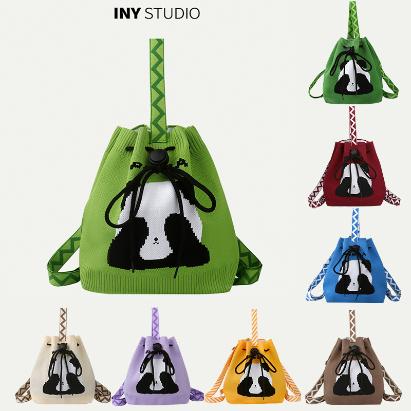 手拎时尚百搭厂家直销熊猫爷爷针织包女士手提包大容量双肩束口包