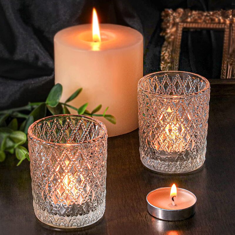 Christmas Rhombus Dot European Glass Carved Pattern French Ornament Candle Holder Cup Tealight Tea Candle Cup Wholesale