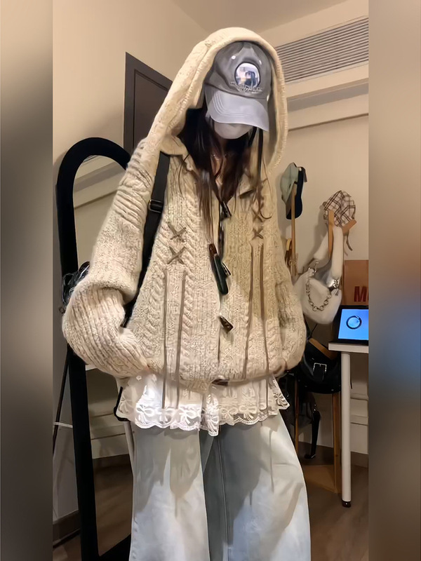 韩版穿搭连帽针织牛角扣开衫毛衣女秋冬百搭休闲软糯帽衫外套上衣|undefined