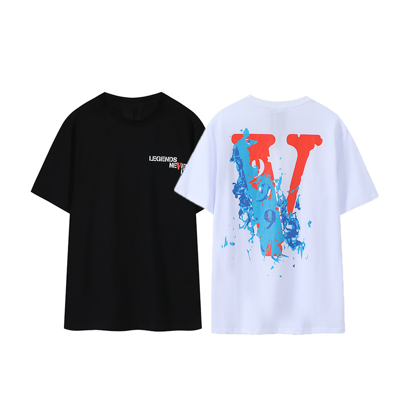 Fashionable Brand Vlone X Juice Wrld 999 Joint Wave Print Big V Short-Sleeved T-Shirt for Men and Women Loose Hip-Hop