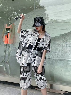 欧洲站2021夏季新款时尚套装韩版个性拼接上衣阔腿裤大码两件套|ms