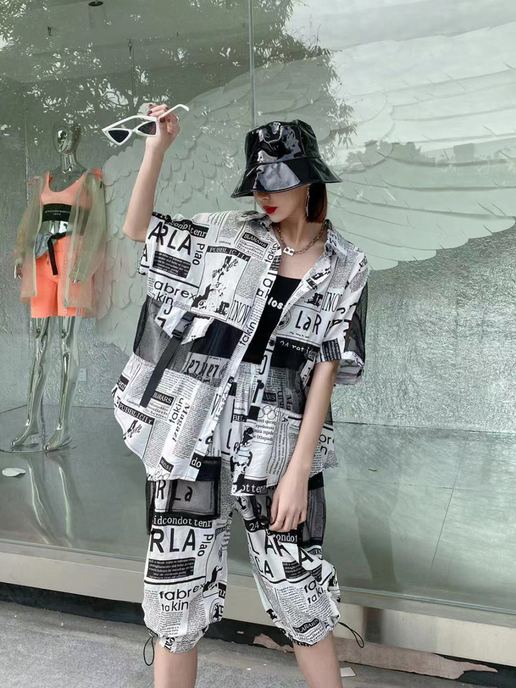 欧洲站2021夏季新款时尚套装韩版个性拼接上衣阔腿裤大码两件套|ms