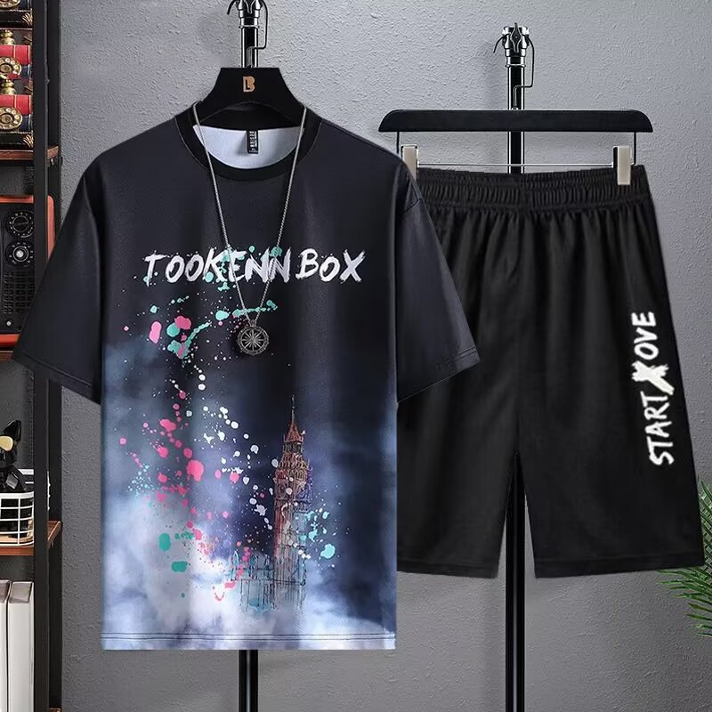 Conjunto de 2 piezas de traje corto de seda helada de moda de verano para hombre - Imagen 6 de 8
