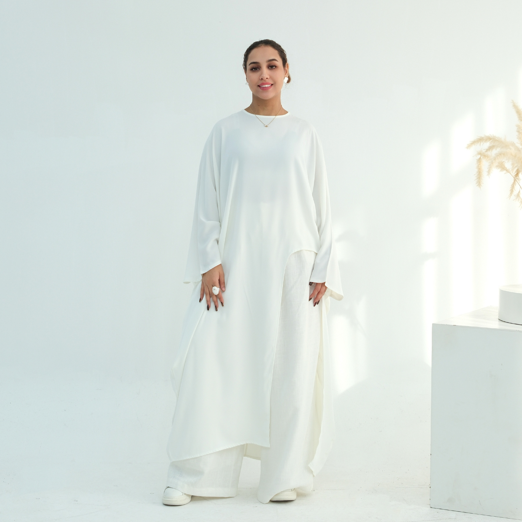 Voya Women's Oversized Modest Robe - Loose Fit Asymmetric Top With Crew Neck, Solid Color Longline Cardigan, Casual Loungewear, Elegant Daily Wear,_ecoleips.com