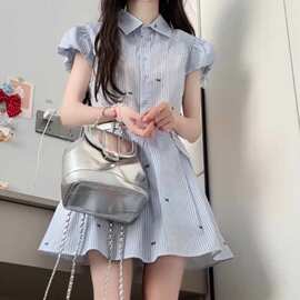 韩系穿搭夏季2026新款小个子蓝色条纹衬衫连衣裙子女气质收腰短裙