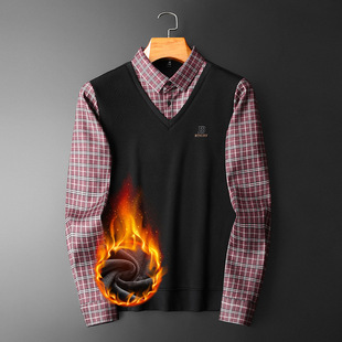 Fake two-piece sweater men's autumn and winter fashion brand fleece-lined thickened shirt collar bottoming shirt 2023 new winter top