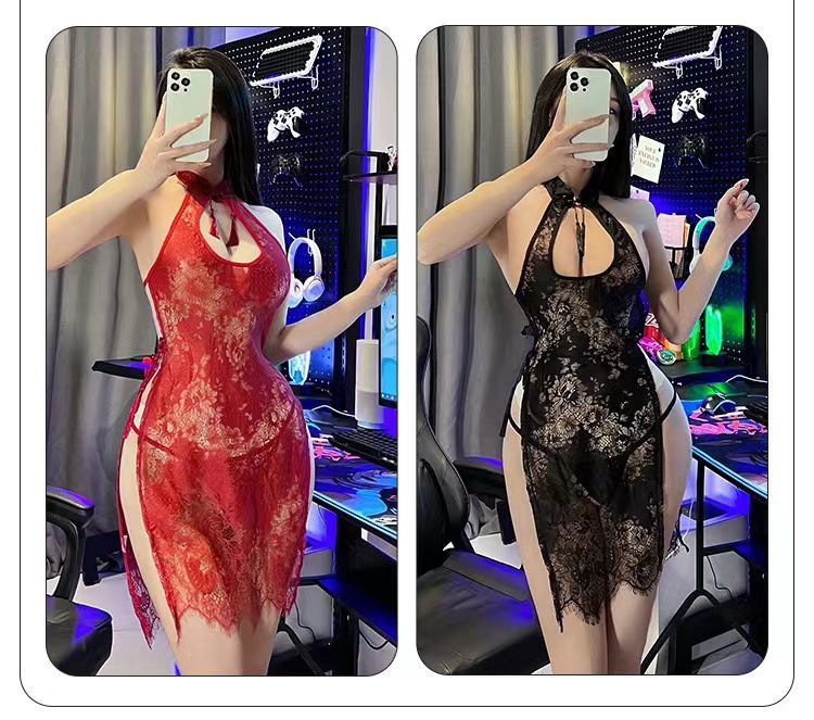 Red Lace Halter Cheongsam-Inspired Mini Dress with Sling Straps — detail image 6