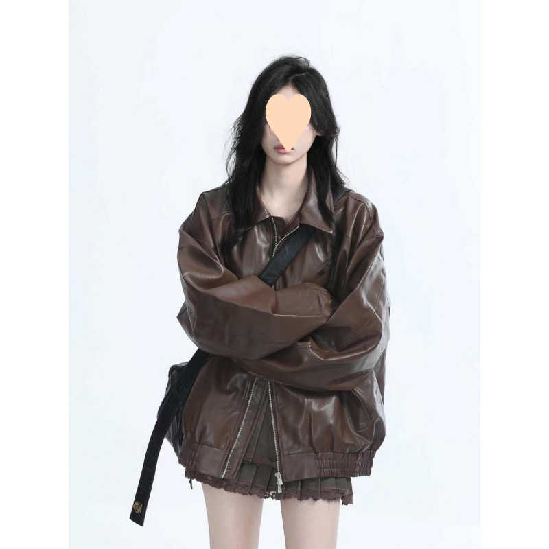 American Street Retro Motorcycle Jacket Black Leather Jacket Women's Spring and Autumn Heavy Loose Jacket Top