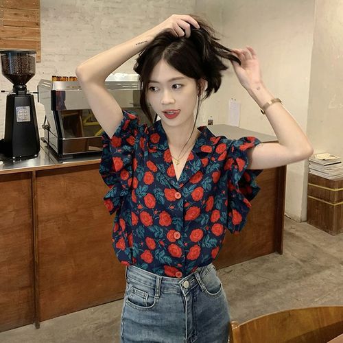 Floral Collared Women's Vintage Hong Kong Style Summer New Design Fly Sleeve Suit Collar Unique Topcoat