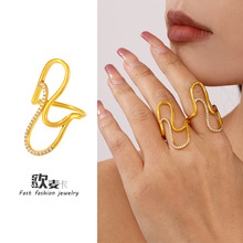 欧麦卡英国小众品牌S线条锆石开口戒指不锈钢18K真金时尚跨境饰品