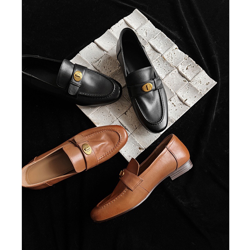 Giày loafer nữ da bò mũi sâu gót vuông thấp phong cách Anh Quốc — màu nâu chi tiết 4