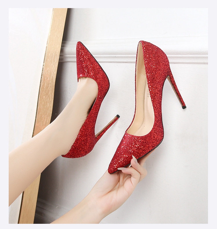 Giày cao gót nữ mũi nhọn gót siêu cao phủ sequins lấp lánh phong cách Âu Mỹ — Màu bạc, Màu sắc, Màu vàng, Màu đỏ chi tiết 25