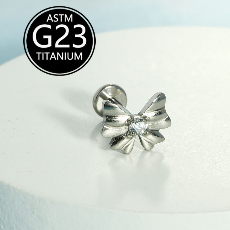 F136 Titanium Alloy Bowknot Lip Stud 16G Internal Thread Ear Bone Stud G23 Titanium Piercing Jewelry detail image 8