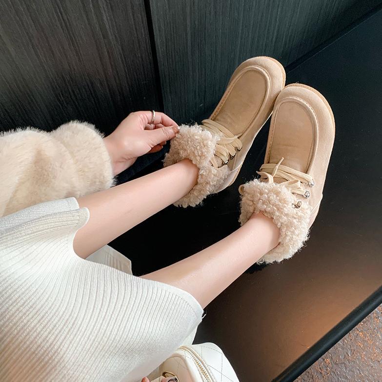 Boot tuyết nữ cổ cao lót lông giữ nhiệt, mũi tròn, dây buộc, tăng chiều cao bên trong — Vàng kem lót đơn, Đen lót nhung, Vàng kem lót nhung, Nâu lót nhung