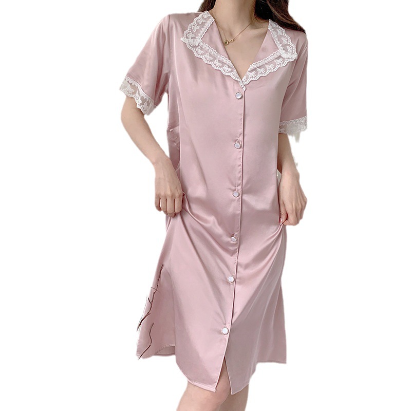Camisón de verano de seda de hielo de la muchacha delgada de manga corta pijamas cardigan encaje sexy dulce vestido de casa