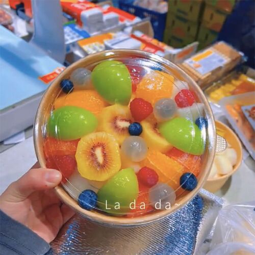 Thickened disposable kraft paper bowl packaging box fruit salad takeout box with lid round fruit cutting box lunch box